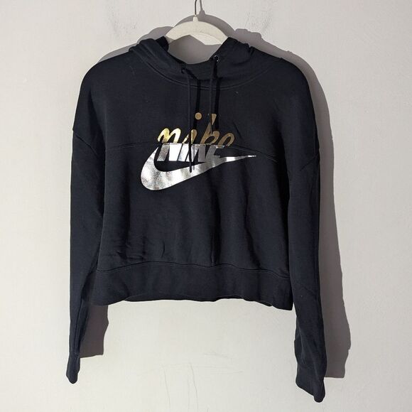 Nike Rally Clash Boxy Crop Hoodie Black Metallic Women's Size Small - Picture 2 of 8